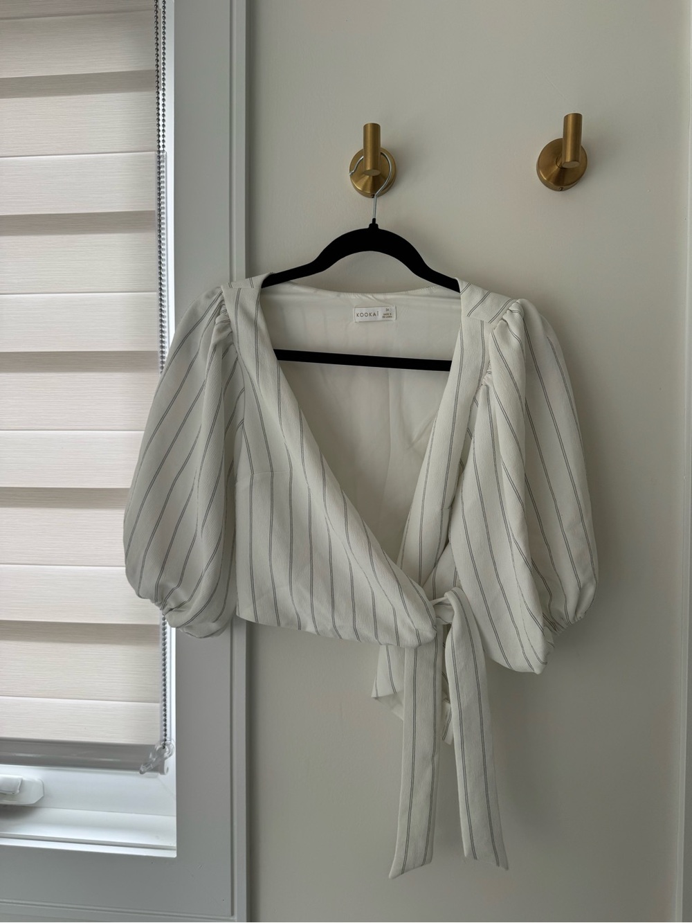 Kookai White Pinstriped Puff-Sleeve Wrap Blouse